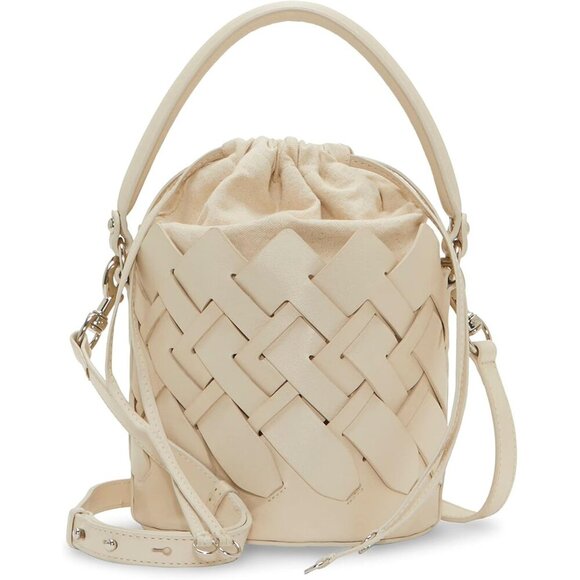 Women’s Leather Bucket Crossbody Bag Woven Design Drawstring Closure